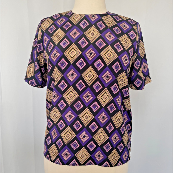 Blouse Top Size Large Purple Tan Geo Diamond Print Short Sleeve Shell Casual Vtg - Picture 1 of 10
